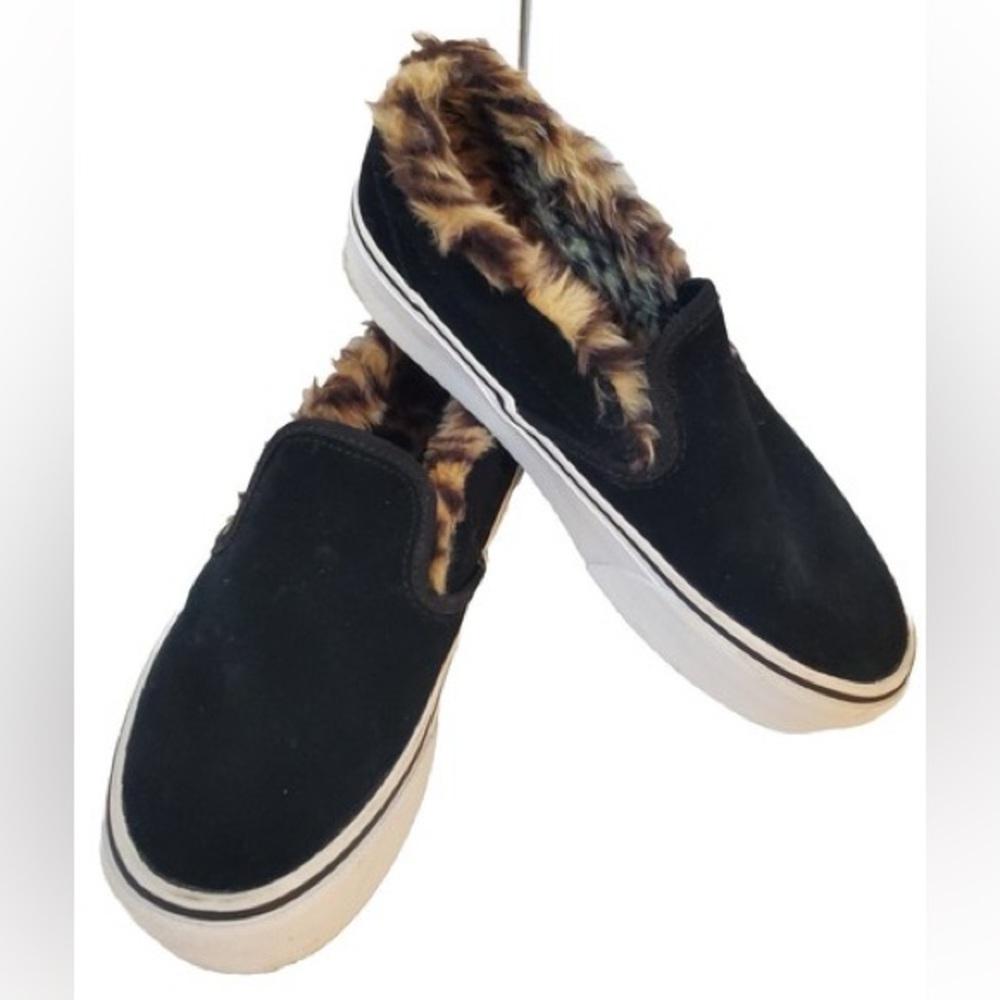 Vans Suede Leopard Faux Fur Slip On Platform Sneakers